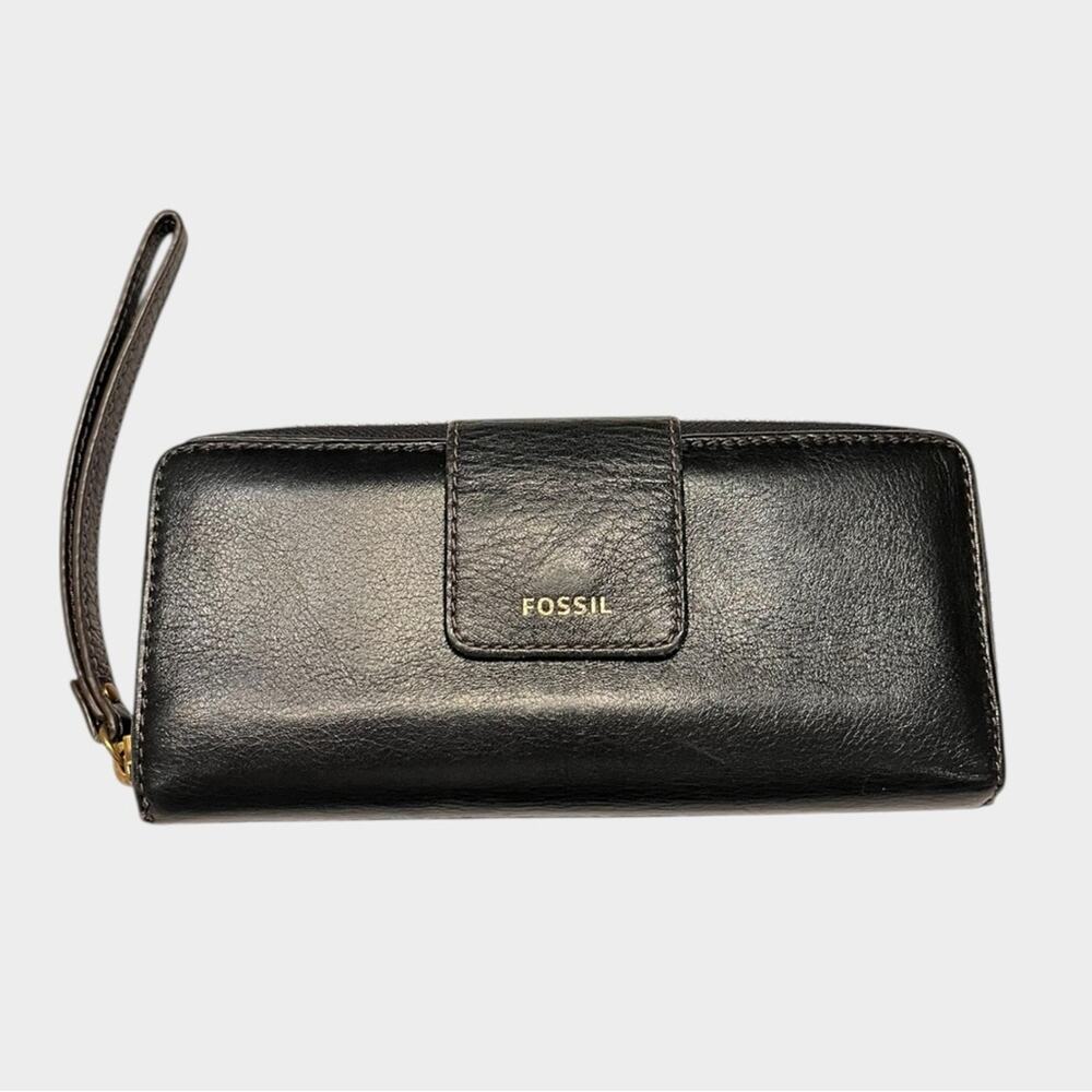 FOSSIL Black Leather Zip Wallet Wristlet with Gold Accents - Picture 2 of 6